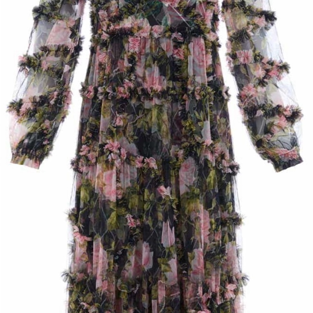 Needle & Thread Black Floral Long Sleeve Dress